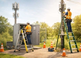 عکس افقی رئالیستیک تمام صفحه مینیمال با تم زرد رنگ و موضوع: استفاده از نردبان در پروژه‌های مخابراتی