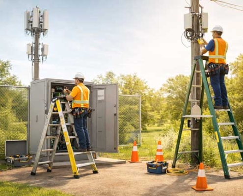 عکس افقی رئالیستیک تمام صفحه مینیمال با تم زرد رنگ و موضوع: استفاده از نردبان در پروژه‌های مخابراتی