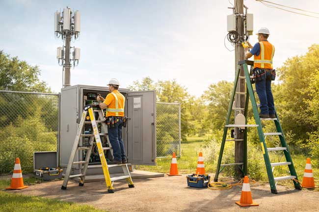 عکس افقی رئالیستیک تمام صفحه مینیمال با تم زرد رنگ و موضوع: استفاده از نردبان در پروژه‌های مخابراتی